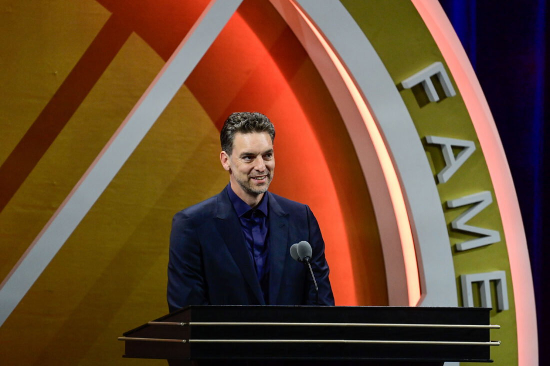 Aug 12, 2023; Springfield, MA, USA; Pau Gasol gives his speech as he is inducted into the 2023 Basketball Hall of Fame at Symphony Hall. Mandatory Credit: Eric Canha-USA TODAYSports