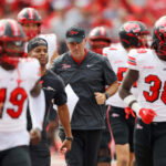 Sep 16, 2023; Columbus, Ohio, USA; Western Kentucky Hilltoppers head coach Tyson Helton during the first quarter against the Ohio State Buckeyes at Ohio Stadium. Mandatory Credit: Joseph Maiorana-USA TODAY Sports