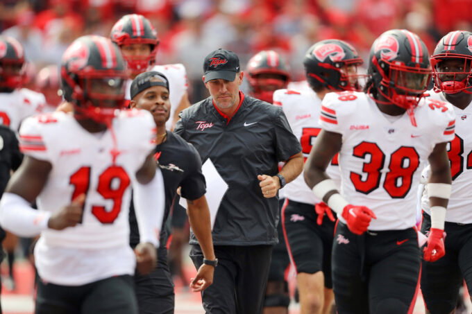 Sep 16, 2023; Columbus, Ohio, USA; Western Kentucky Hilltoppers head coach Tyson Helton during the first quarter against the Ohio State Buckeyes at Ohio Stadium. Mandatory Credit: Joseph Maiorana-USA TODAY Sports