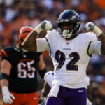 Oct 6, 2024; Cincinnati, Ohio, USA; Baltimore Ravens defensive tackle Nnamdi Madubuike (92) reacts after sacking Cincinnati Bengals quarterback Joe Burrow (not pictured) in the second half at Paycor Stadium. Mandatory Credit: Katie Stratman-Imagn Images