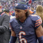 Oct 13, 2024; London, United Kingdom; Chicago Bears cornerback Kyler Gordon (6) leaves the field after an NFL International Series game at Tottenham Hotspur Stadium. Mandatory Credit: Peter van den Berg-Imagn Images