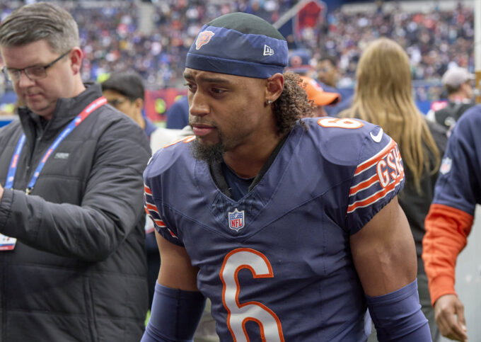 Oct 13, 2024; London, United Kingdom; Chicago Bears cornerback Kyler Gordon (6) leaves the field after an NFL International Series game at Tottenham Hotspur Stadium. Mandatory Credit: Peter van den Berg-Imagn Images