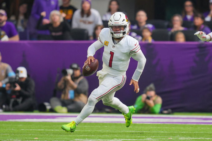 Dec 1, 2024; Minneapolis, Minnesota, USA; Arizona Cardinals quarterback Kyler Murray (1) scrambles against the Minnesota Vikings in the second quarter at U.S. Bank Stadium. Mandatory Credit: