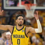 Jun 19, 2025; Indianapolis, Indiana, USA; Indiana Pacers guard Tyrese Haliburton (0) reacts after a play against the Oklahoma City Thunder during the first half of game six of the 2025 NBA Finals between the Oklahoma City Thunder and the Indiana Pacers at Gainbridge Fieldhouse. Mandatory Credit: Kyle Terada-Imagn Images