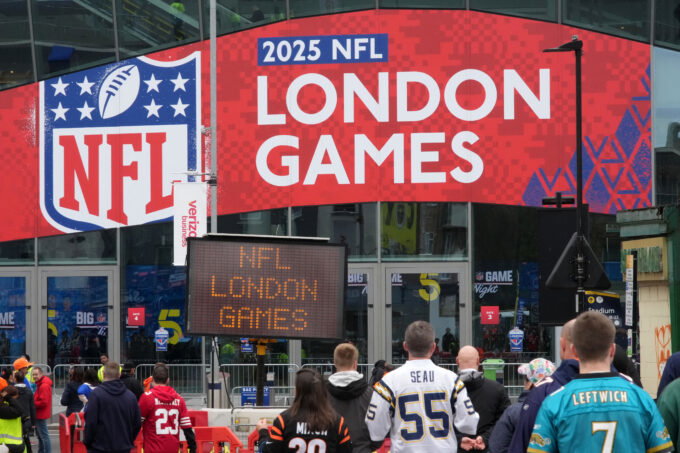 Oct 12, 2025; Tottenham, United Kingdom; Fans arrive before an NFL International Series game at Tottenham Hotspur Stadium. Mandatory Credit: Kirby Lee-Imagn Images