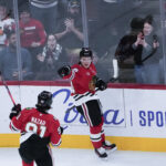 Oct 28, 2025; Chicago, Illinois, USA; Chicago Blackhawks center Connor Bedard (98) celebrates his goal against the Ottawa Senators with center Frank Nazar (91) during the first period at United Center. Mandatory Credit: David Banks-Imagn Images