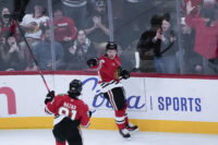 Oct 28, 2025; Chicago, Illinois, USA; Chicago Blackhawks center Connor Bedard (98) celebrates his goal against the Ottawa Senators with center Frank Nazar (91) during the first period at United Center. Mandatory Credit: David Banks-Imagn Images