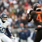 Dec 7, 2025; Cleveland, Ohio, USA; Cleveland Browns tight end Harold Fannin Jr. (44) catches a pass for a first down against Tennessee Titans linebacker Cody Barton (50) during the first quarter at Huntington Bank Field. Mandatory Credit: Scott Galvin-Imagn Images