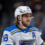 Dec 31, 2025; Denver, Colorado, USA; St. Louis Blues center Robert Thomas (18) in the third period against the Colorado Avalanche at Ball Arena. Mandatory Credit: Isaiah J. Downing-Imagn Images