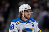 Dec 31, 2025; Denver, Colorado, USA; St. Louis Blues center Robert Thomas (18) in the third period against the Colorado Avalanche at Ball Arena. Mandatory Credit: Isaiah J. Downing-Imagn Images