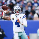 Jan 4, 2026; East Rutherford, New Jersey, USA; Dallas Cowboys quarterback Dak Prescott (4) looks to pass during the second quarter against the New York Giants at MetLife Stadium. Mandatory Credit: Vincent Carchietta-Imagn Images