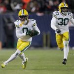 Green Bay Packers wide receiver Matthew Golden (0) makes a reception for a first down during the second quarter of their wild card playoff game against the Chicago Bears Saturday, January 10, 2026 at Soldier Field in Chicago, Illinois.
