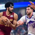 Jan 12, 2026; Cleveland, Ohio, USA; Cleveland Cavaliers center Jarrett Allen (31) drives to the basket against Utah Jazz center Jusuf Nurkic (30) during the first quarter at Rocket Arena. Mandatory Credit: Ken Blaze-Imagn Images