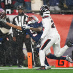 Jan 18, 2026; Foxborough, MA, USA; England Patriots wide receiver Kayshon Boutte (9) catches the ball for a touchdown in the fourth quarter against the Houston Texans in an AFC Divisional Round game at Gillette Stadium. Mandatory Credit: