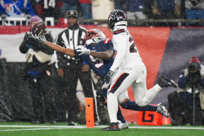 Jan 18, 2026; Foxborough, MA, USA; England Patriots wide receiver Kayshon Boutte (9) catches the ball for a touchdown in the fourth quarter against the Houston Texans in an AFC Divisional Round game at Gillette Stadium. Mandatory Credit: