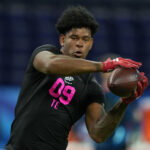 Feb 27, 2026; Indianapolis, IN, USA; NC State tight end Justin Joly (TE09) during the NFL Scouting Combine at Lucas Oil Stadium. Mandatory Credit: Kirby Lee-Imagn Images