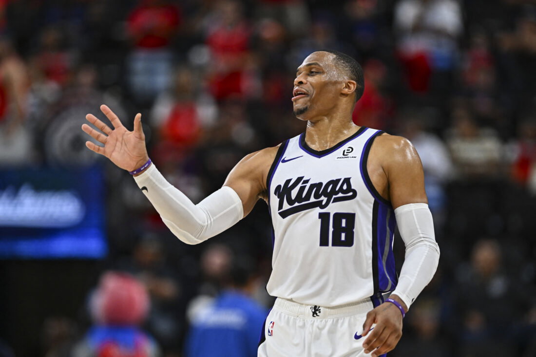 Mar 14, 2026; Inglewood, California, USA; Sacramento Kings guard Russell Westbrook (18) gestures against the LA Clippers during the second half at Intuit Dome. Mandatory Credit: Jonathan Hui-Imagn Images