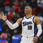 Mar 14, 2026; Inglewood, California, USA; Sacramento Kings guard Russell Westbrook (18) gestures against the LA Clippers during the second half at Intuit Dome. Mandatory Credit: Jonathan Hui-Imagn Images
