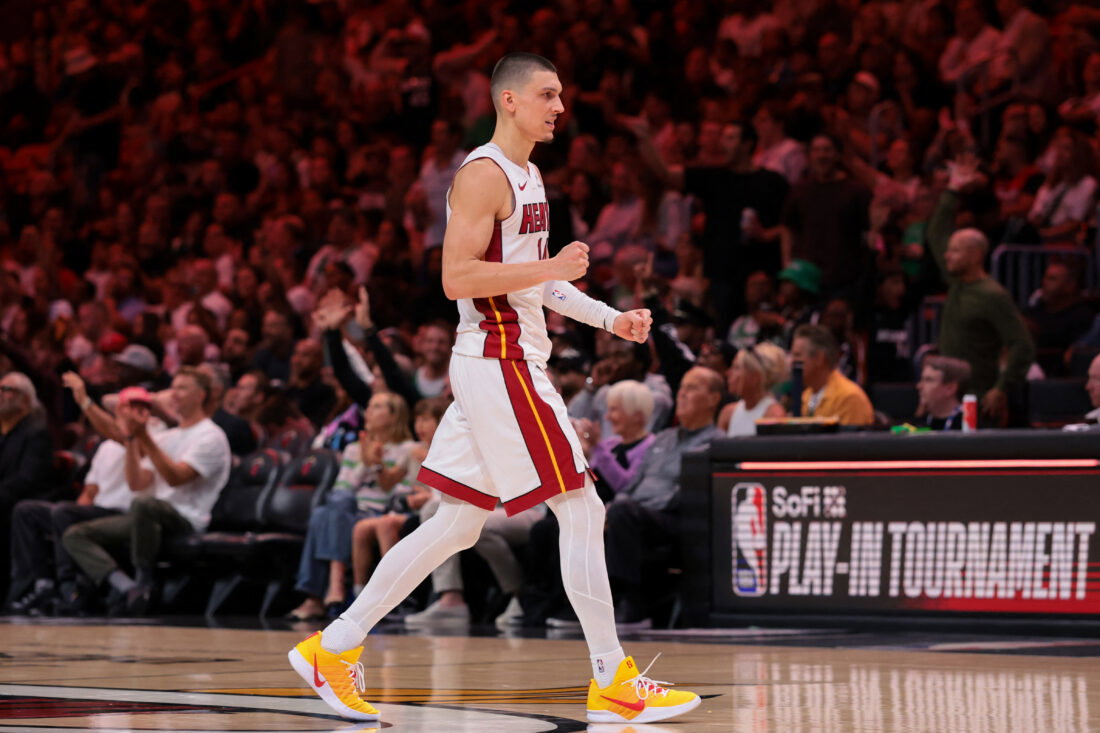 Apr 1, 2026; Miami, Florida, USA; Miami Heat guard Tyler Herro (14) reacts against the Boston Celtics during the third quarter at Kaseya Center. Mandatory Credit: Sam Navarro-Imagn Images