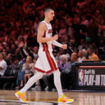 Apr 1, 2026; Miami, Florida, USA; Miami Heat guard Tyler Herro (14) reacts against the Boston Celtics during the third quarter at Kaseya Center. Mandatory Credit: Sam Navarro-Imagn Images