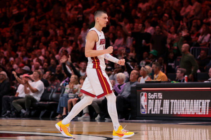 Apr 1, 2026; Miami, Florida, USA; Miami Heat guard Tyler Herro (14) reacts against the Boston Celtics during the third quarter at Kaseya Center. Mandatory Credit: Sam Navarro-Imagn Images