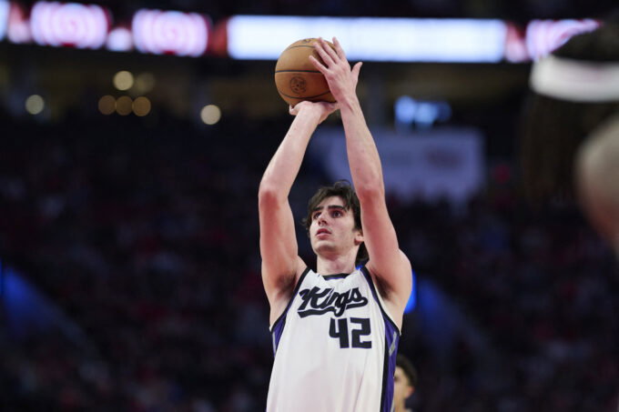 Apr 12, 2026; Portland, Oregon, USA; Sacramento Kings center Maxime Raynaud (42) shoots a free throw during the second half against the Portland Trail Blazers at Moda Center. Mandatory Credit: Troy Wayrynen-Imagn Images