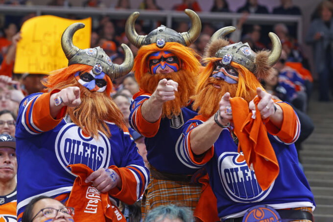 Apr 22, 2026; Edmonton, Alberta, CAN; Edmonton Oilers fans, Ò The EkholmÕsÓ cheer on the oilers in game two of the first round of the 2026 Stanley Cup Playoffs at Rogers Place. Mandatory Credit: Perry Nelson-Imagn Images