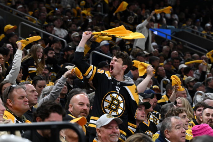 Apr 23, 2026; Boston, Massachusetts, USA; A Boston Bruins fan cheers against the Buffalo Sabres during the first period of game three of the first round of the 2026 Stanley Cup Playoffs at the TD Garden. Mandatory Credit: Brian Fluharty-Imagn Images
