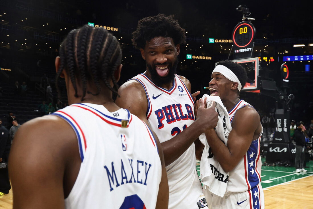May 2, 2026; Boston, Massachusetts, USA; Philadelphia 76ers center Joel Embiid (21) celebrates with guard Tyrese Maxey (0) and guard Vj Edgecombe (77)] following their win over the Boston Celtics in game seven of the first round of the 2026 NBA Playoffs at TD Garden. Mandatory Credit: Winslow Townson-Imagn Images