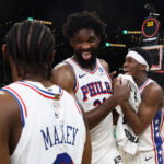 May 2, 2026; Boston, Massachusetts, USA; Philadelphia 76ers center Joel Embiid (21) celebrates with guard Tyrese Maxey (0) and guard Vj Edgecombe (77)] following their win over the Boston Celtics in game seven of the first round of the 2026 NBA Playoffs at TD Garden. Mandatory Credit: Winslow Townson-Imagn Images