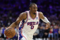 May 8, 2026; Philadelphia, Pennsylvania, USA; Philadelphia 76ers guard Tyrese Maxey (0) controls the ball against the New York Knicks during the third quarter of game three of the second round of the 2026 NBA Playoffs at Xfinity Mobile Arena. Mandatory Credit: Bill Streicher-Imagn Images