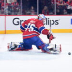 May 10, 2026; Montreal, Quebec, CAN; Montreal Canadiens goalie Jakub Dobes (75) makes a pad save during the second period against the Buffalo Sabres in game three of the second round of the 2026 Stanley Cup Playoffs at the Bell Centre. Mandatory Credit: Eric Bolte-Imagn Images