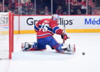 May 10, 2026; Montreal, Quebec, CAN; Montreal Canadiens goalie Jakub Dobes (75) makes a pad save during the second period against the Buffalo Sabres in game three of the second round of the 2026 Stanley Cup Playoffs at the Bell Centre. Mandatory Credit: Eric Bolte-Imagn Images