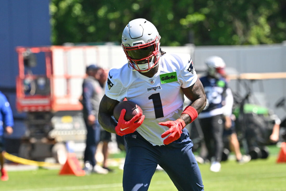 Jun 9, 2026; Foxborough, MA, USA; New England Patriots wide receiver A.J. Brown (1) runs after the catch at minicamp at Gillette Stadium. Mandatory Credit:
