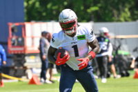 Jun 9, 2026; Foxborough, MA, USA; New England Patriots wide receiver A.J. Brown (1) runs after the catch at minicamp at Gillette Stadium. Mandatory Credit: