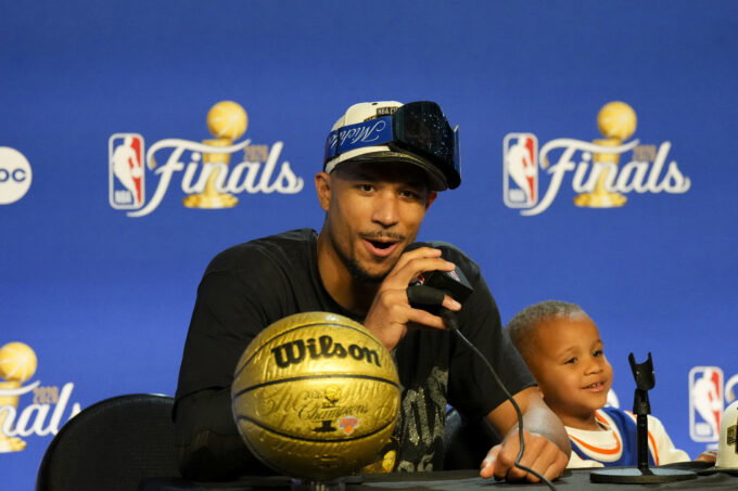 Jun 13, 2026; San Antonio, Texas, USA; New York Knicks guard Josh Hart (3) speaks to the media after the Knicks defeat the San Antonio Spurs during game five of the 2026 NBA Finals at Frost Bank Center. Mandatory Credit: Scott Wachter-Imagn Images