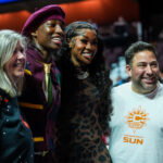 Jul 10, 2026; Uncasville, Connecticut, USA; Connecticut Sun guard Saniya Rivers (22) and forward Aneesah Morrow (24) poser for a photo with fanes before the start of the game against the Golden State Valkyries at Mohegan Sun Arena. Mandatory Credit: David Butler II-Imagn Images