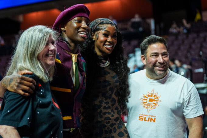 Jul 10, 2026; Uncasville, Connecticut, USA; Connecticut Sun guard Saniya Rivers (22) and forward Aneesah Morrow (24) poser for a photo with fanes before the start of the game against the Golden State Valkyries at Mohegan Sun Arena. Mandatory Credit: David Butler II-Imagn Images