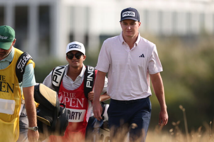 Jul 16, 2026; Southport, ENG; Matt McCarty walks the 18th fairway during the first round of The Open Championship golf tournament at Royal Birkdale. Mandatory Credit: Bill Streicher-Imagn Images