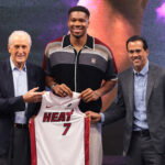 Jul 16, 2026; Miami, FL, USA; Miami Heat forward Giannis Antetokounmpo (7) is introduced as a new member of the team by Miami Heat president Pat Riley (left) and head coach Erik Spoelstra (right) during a press conference at Kaseya Center. Mandatory Credit: Sam Navarro-Imagn Images