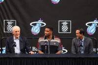 Jul 16, 2026; Miami, FL, USA; Miami Heat forward Giannis Antetokounmpo (7) is introduced as a new member of the team by Miami Heat president Pat Riley (left) and head coach Erik Spoelstra (right) during a press conference at Kaseya Center. Mandatory Credit: Sam Navarro-Imagn Images