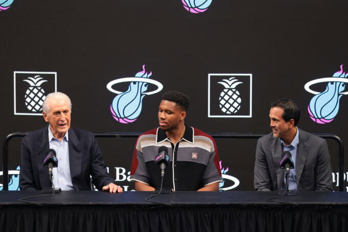 Jul 16, 2026; Miami, FL, USA; Miami Heat forward Giannis Antetokounmpo (7) is introduced as a new member of the team by Miami Heat president Pat Riley (left) and head coach Erik Spoelstra (right) during a press conference at Kaseya Center. Mandatory Credit: Sam Navarro-Imagn Images