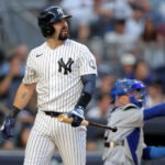 Jul 17, 2026; Bronx, New York, USA; New York Yankees catcher Austin Wells (28) reacts after striking out during the third inning against the Los Angeles Dodgers at Yankee Stadium. Mandatory Credit: Brad Penner-Imagn Images