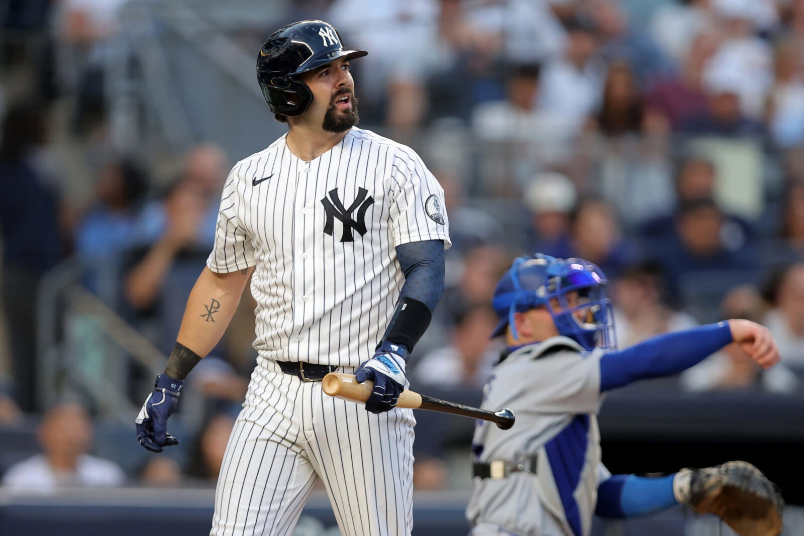 Jul 17, 2026; Bronx, New York, USA; New York Yankees catcher Austin Wells (28) reacts after striking out during the third inning against the Los Angeles Dodgers at Yankee Stadium. Mandatory Credit: Brad Penner-Imagn Images