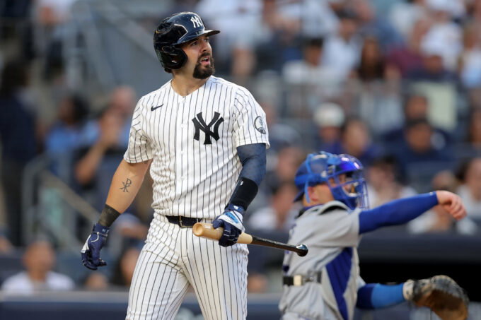 Jul 17, 2026; Bronx, New York, USA; New York Yankees catcher Austin Wells (28) reacts after striking out during the third inning against the Los Angeles Dodgers at Yankee Stadium. Mandatory Credit: Brad Penner-Imagn Images