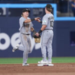 Jul 17, 2026; Toronto, Ontario, CAN; Chicago White Sox left fielder Sam Antonacci (17) celebrates with second baseman Chase Meidroth (10) after defeating the Toronto Blue Jays in the ninth inning at Rogers Centre. Mandatory Credit: Nick Turchiaro-Imagn Images