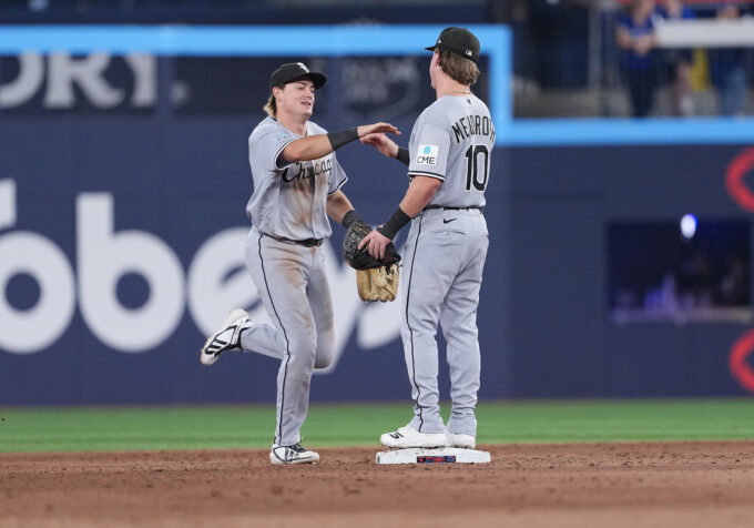 Jul 17, 2026; Toronto, Ontario, CAN; Chicago White Sox left fielder Sam Antonacci (17) celebrates with second baseman Chase Meidroth (10) after defeating the Toronto Blue Jays in the ninth inning at Rogers Centre. Mandatory Credit: Nick Turchiaro-Imagn Images