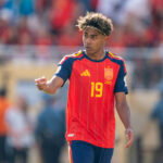 Spain forward Lamine Yamal (19) walks on the field during the FIFA World Cup 2026 final between Argentina and Spain at New York New Jersey Stadium on Sunday, July 19, 2026, in East Rutherford, NJ.