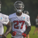 Jul 29, 2026; Atlanta, Falcons, USA; Atlanta Falcons linebacker James Pearce Jr. (27) on the field during the first day of training camp at IBM Performance Field. Mandatory Credit: Dale Zanine-Imagn Images