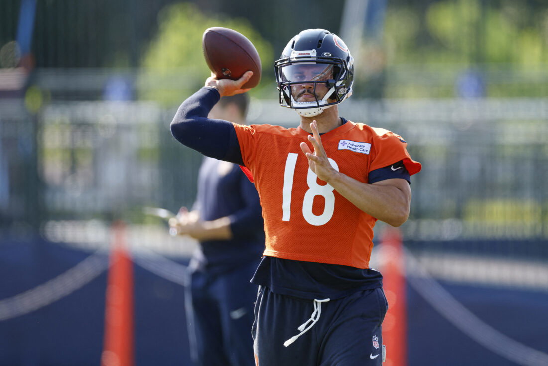 Jul 29, 2026; Lake Forest, IL, USA; Chicago Bears quarterback Caleb Williams (18) looks to pass the ball during Training Camp at Halas Hall. Mandatory Credit: Kamil Krzaczynski-Imagn Images